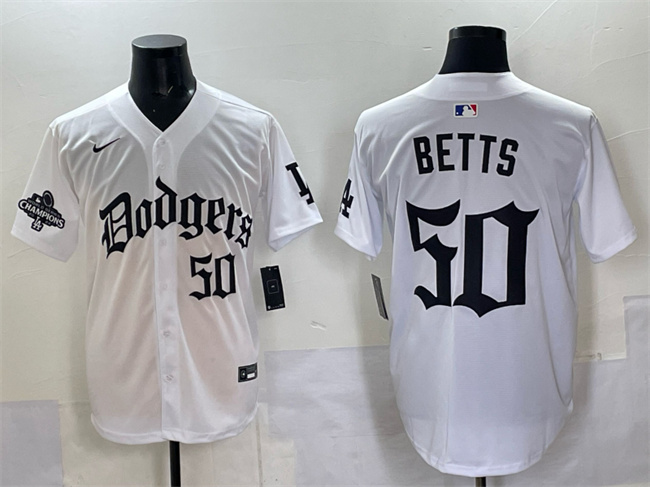 Men's White Los Angeles Dodgers #50 Mookie Betts 2025 LA Gothic Style With 2024 World Series Champions Patch Vapor Premier Limited Stitched Baseball Jersey